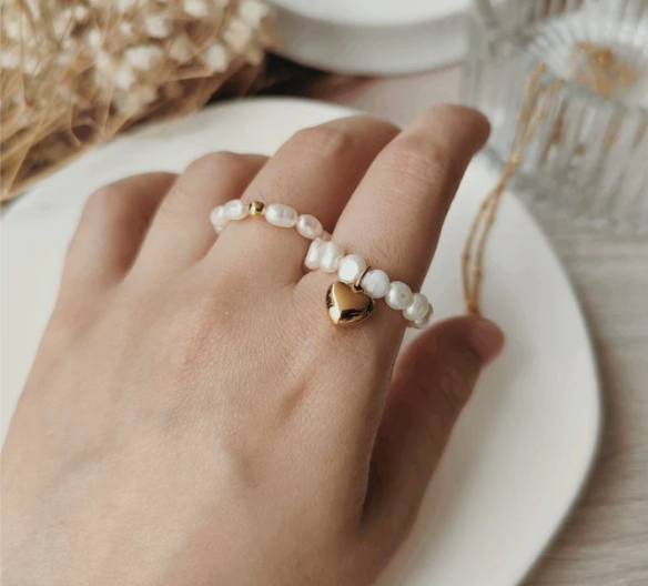 Mira - Seed Pearl Ring With Heart Charm